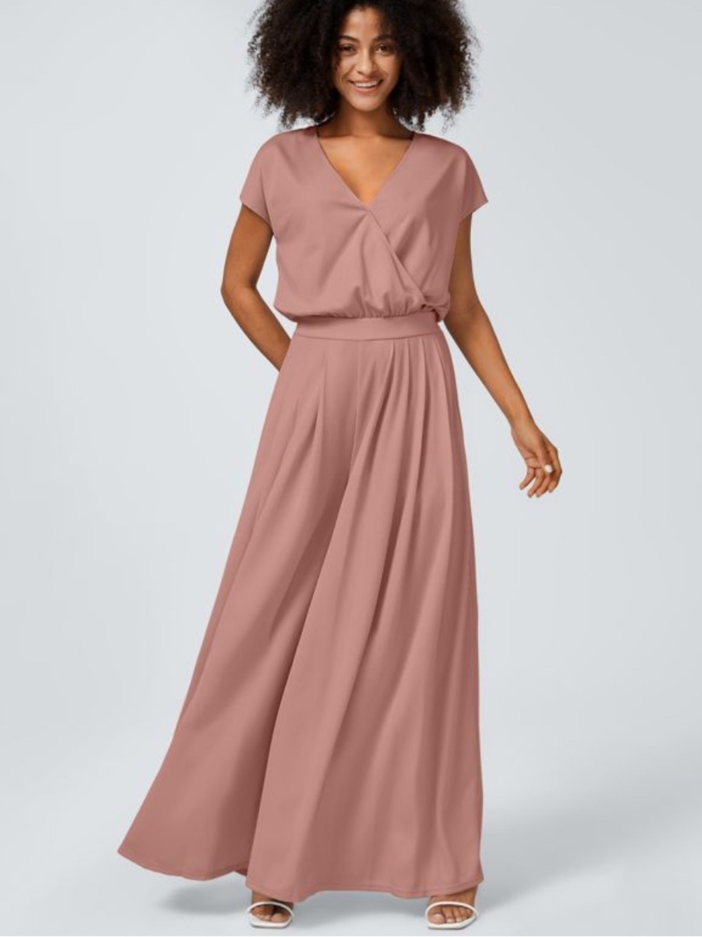 NWOT Halara Light Pink V Neck Short Sleeve Wide Leg Flowy Waffle Casual Jumpsuit
